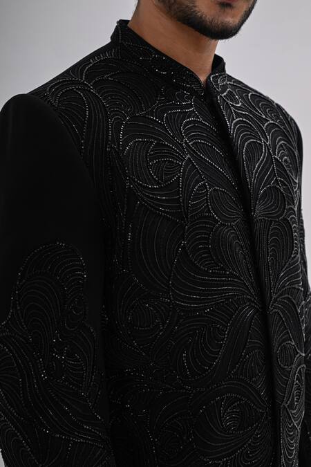 Buy_Kalpana Naik_Black Crepe Embroidery Cosmic Waves Hand Achkan Set _Online_at_Aza_Fashions