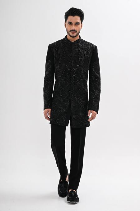 Shop_Kalpana Naik_Black Crepe Embroidery Cosmic Waves Hand Achkan Set _Online_at_Aza_Fashions