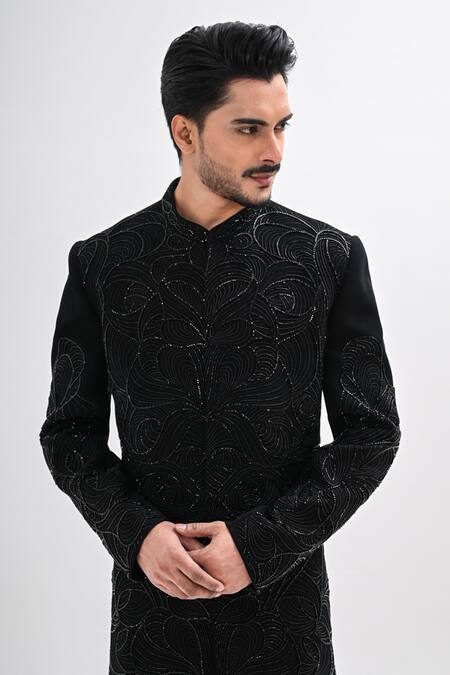Buy_Kalpana Naik_Black Crepe Embroidery Cosmic Waves Hand Achkan Set 
