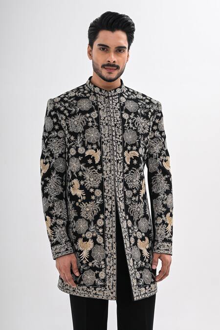 Kalpana Naik_Black Crepe Embroidery Banghira Achkan Set _Online_at_Aza_Fashions