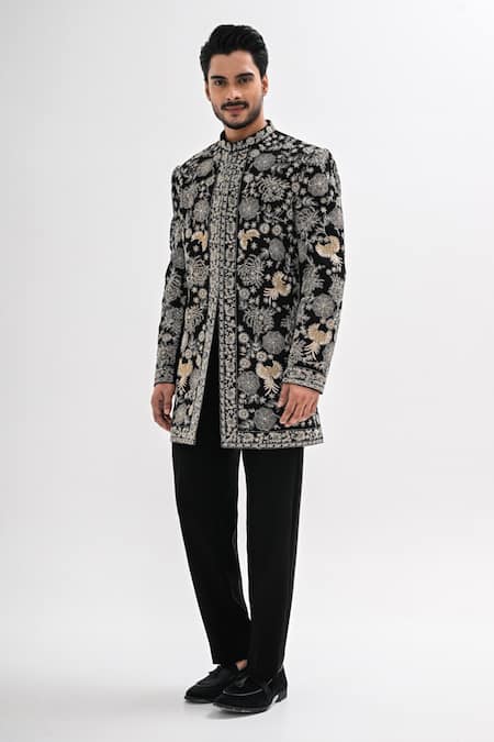 Buy_Kalpana Naik_Black Crepe Embroidery Banghira Achkan Set _Online_at_Aza_Fashions