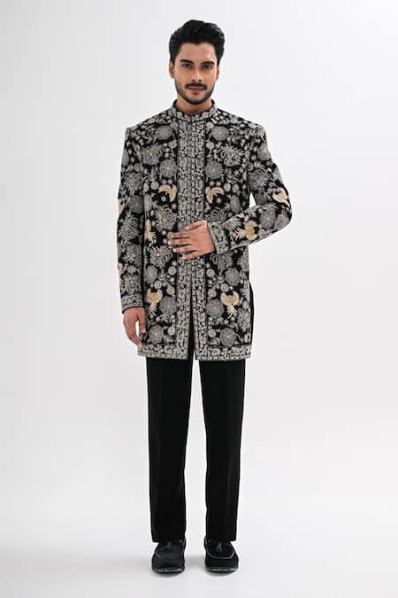 Shop_Kalpana Naik_Black Crepe Embroidery Banghira Achkan Set _Online_at_Aza_Fashions