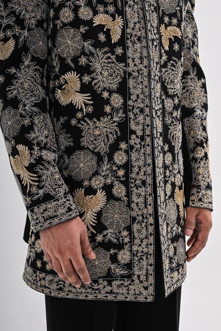 Shop_Kalpana Naik_Black Crepe Embroidery Banghira Achkan Set 