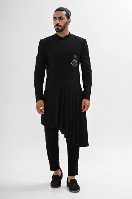 Kalpana Naik_Black Terrycloth Embroidery, Beads Imperial Hand Draped Achkan Set _Online_at_Aza_Fashions