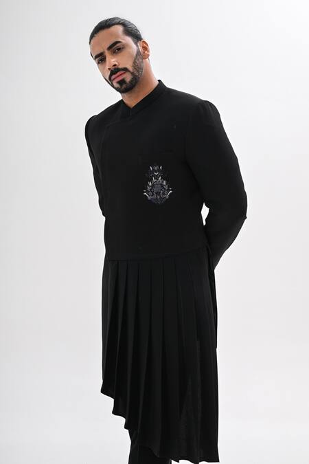 Buy_Kalpana Naik_Black Terrycloth Embroidery, Beads Imperial Hand Draped Achkan Set _Online_at_Aza_Fashions