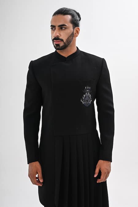 Shop_Kalpana Naik_Black Terrycloth Embroidery, Beads Imperial Hand Draped Achkan Set _Online_at_Aza_Fashions