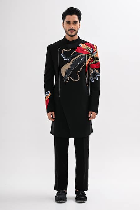 Buy_Kalpana Naik_Black Crepe Embroidery Imperial Blossom Achkan Set _Online_at_Aza_Fashions