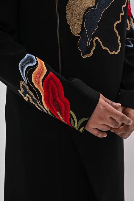Shop_Kalpana Naik_Black Crepe Embroidery Imperial Blossom Achkan Set _Online_at_Aza_Fashions
