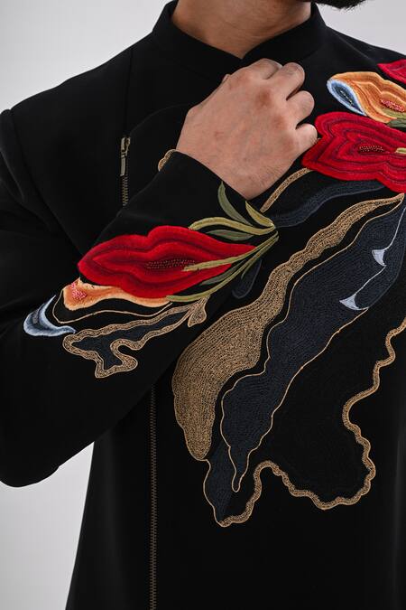 Kalpana Naik_Black Crepe Embroidery Imperial Blossom Achkan Set _at_Aza_Fashions