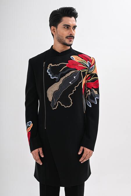 Buy_Kalpana Naik_Black Crepe Embroidery Imperial Blossom Achkan Set 