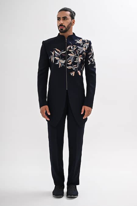 Buy_Kalpana Naik_Navy Crepe Embroidery Nazeera Hand Achkan Set _Online_at_Aza_Fashions