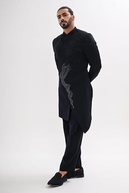 Shop_Kalpana Naik_Navy Crepe Embroidery Nazeera Hand Achkan Set _Online_at_Aza_Fashions