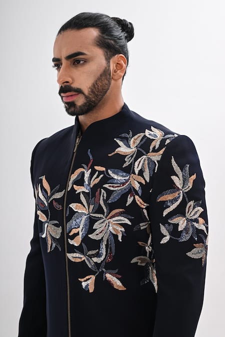 Kalpana Naik_Navy Crepe Embroidery Nazeera Hand Achkan Set _at_Aza_Fashions