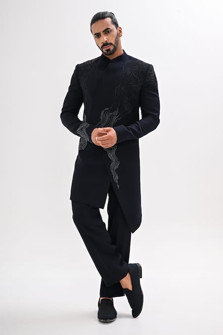 Buy_Kalpana Naik_Navy Crepe Embroidery Nazeera Hand Achkan Set 