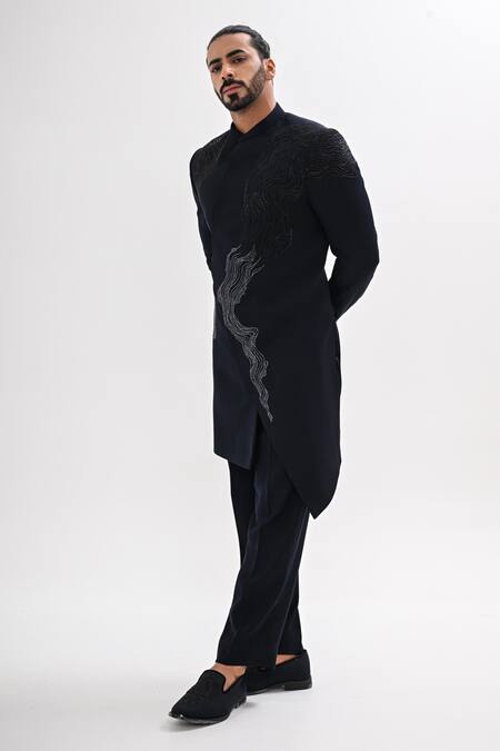 Kalpana Naik_Navy Crepe Embroidery Elyora Hand Achkan Set _Online_at_Aza_Fashions