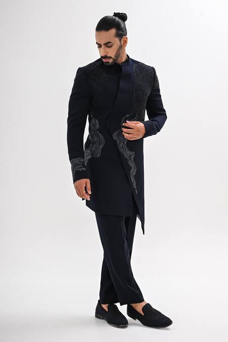 Buy_Kalpana Naik_Navy Crepe Embroidery Elyora Hand Achkan Set _Online_at_Aza_Fashions