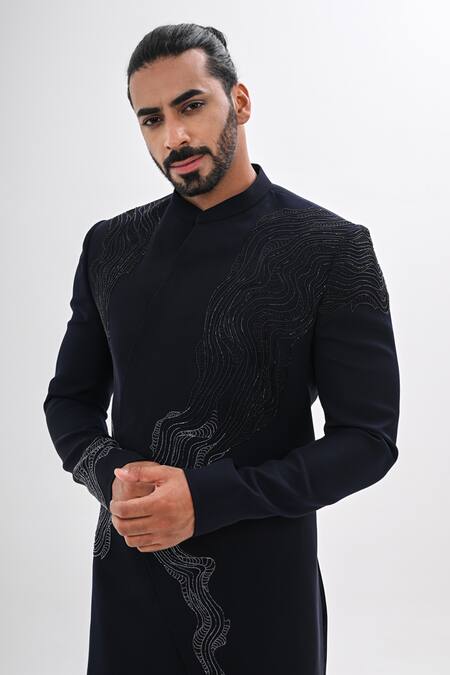 Kalpana Naik_Navy Crepe Embroidery Elyora Hand Achkan Set _at_Aza_Fashions