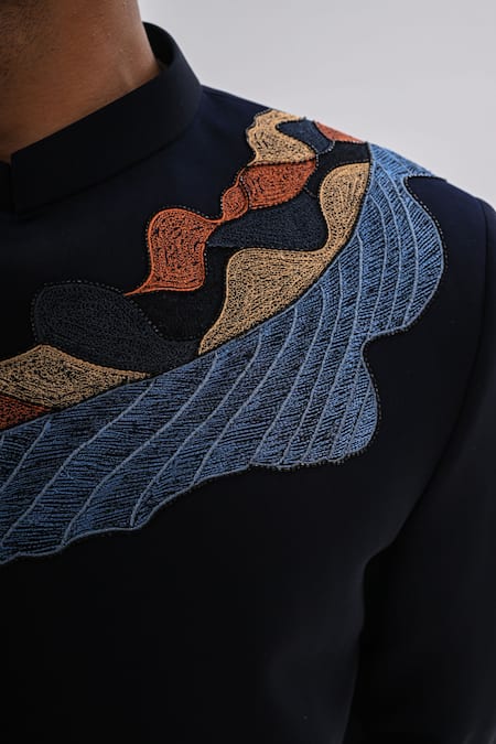 Buy_Kalpana Naik_Navy Crepe Embroidery Veyora Waves Achkan Set _Online_at_Aza_Fashions