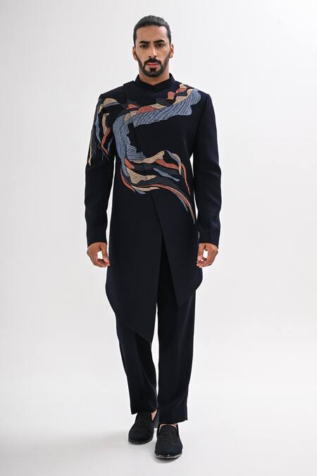 Shop_Kalpana Naik_Navy Crepe Embroidery Veyora Waves Achkan Set _Online_at_Aza_Fashions