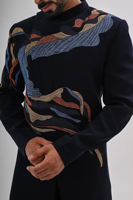 Kalpana Naik_Navy Crepe Embroidery Veyora Waves Achkan Set _at_Aza_Fashions