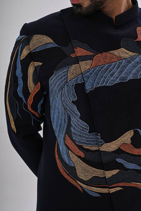 Buy_Kalpana Naik_Navy Crepe Embroidery Veyora Waves Achkan Set 