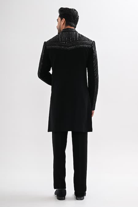 Buy_Kalpana Naik_Black Crepe Embroidery Eternal Angles Achkan And Kurta Set _Online_at_Aza_Fashions