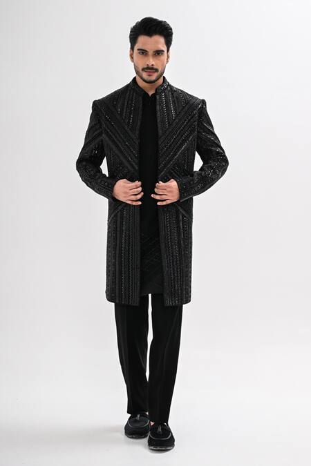 Shop_Kalpana Naik_Black Crepe Embroidery Eternal Angles Achkan And Kurta Set _Online_at_Aza_Fashions