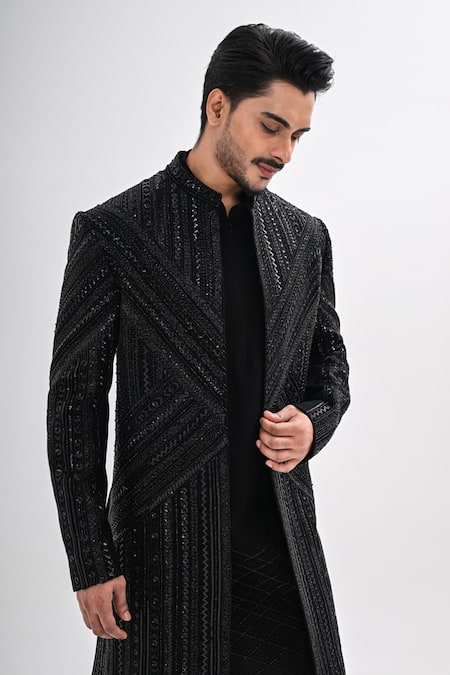 Buy_Kalpana Naik_Black Crepe Embroidery Eternal Angles Achkan And Kurta Set 