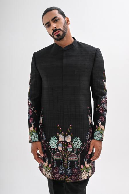 Kalpana Naik_Black Silk Embroidery Indravan Hand Achkan Set _Online_at_Aza_Fashions