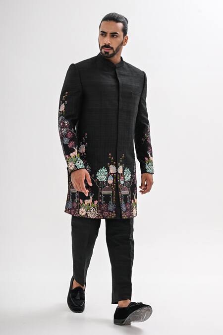 Buy_Kalpana Naik_Black Silk Embroidery Indravan Hand Achkan Set _Online_at_Aza_Fashions