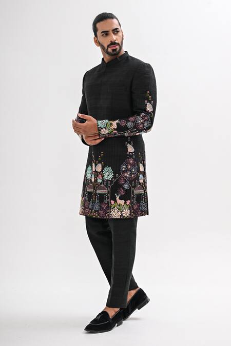 Shop_Kalpana Naik_Black Silk Embroidery Indravan Hand Achkan Set _Online_at_Aza_Fashions