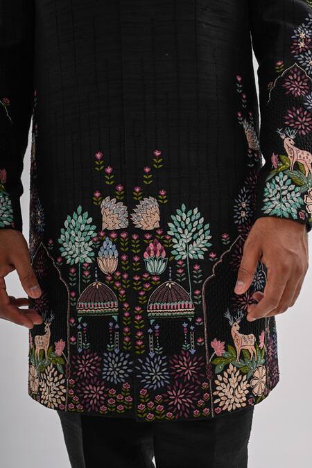 Kalpana Naik_Black Silk Embroidery Indravan Hand Achkan Set _at_Aza_Fashions