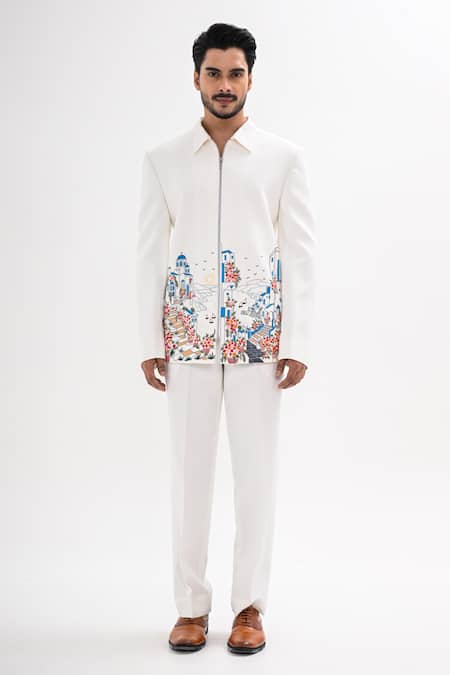 Buy_Kalpana Naik_White Crepe Embroidery Domes Of Greece Jacket And Trouser Set _Online_at_Aza_Fashions