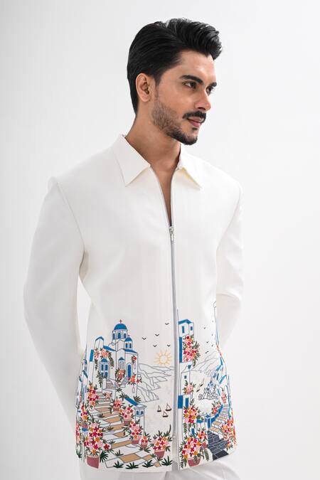 Kalpana Naik_White Crepe Embroidery Domes Of Greece Jacket And Trouser Set _at_Aza_Fashions