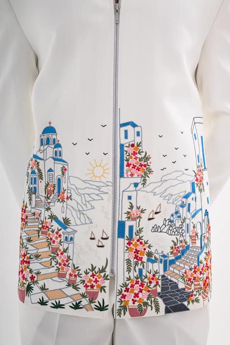 Buy_Kalpana Naik_White Crepe Embroidery Domes Of Greece Jacket And Trouser Set 