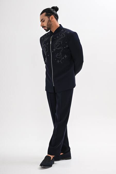 Buy_Kalpana Naik_Navy Crepe Embroidery Celestial Skies Jacket And Trouser Set _Online_at_Aza_Fashions