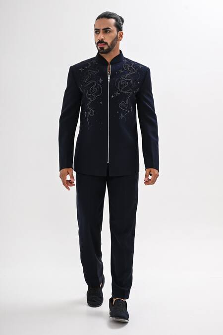 Shop_Kalpana Naik_Navy Crepe Embroidery Celestial Skies Jacket And Trouser Set _Online_at_Aza_Fashions