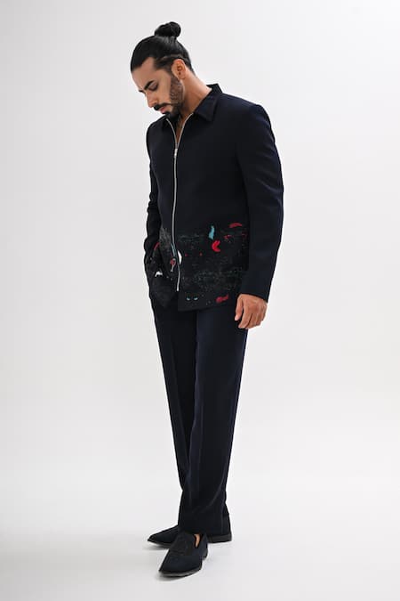 Kalpana Naik_Navy Crepe Embroidery Carnival Masque Jacket And Trouser Set _Online_at_Aza_Fashions