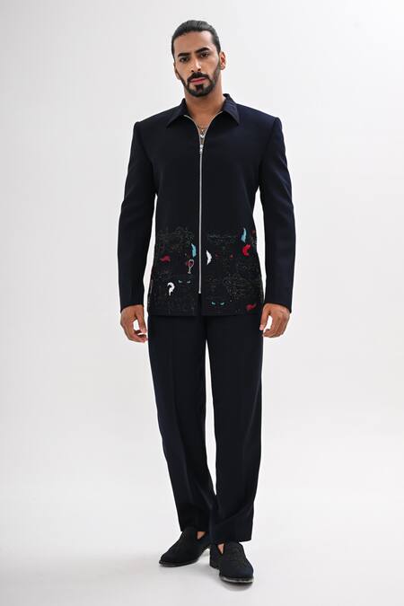 Shop_Kalpana Naik_Navy Crepe Embroidery Carnival Masque Jacket And Trouser Set _Online_at_Aza_Fashions