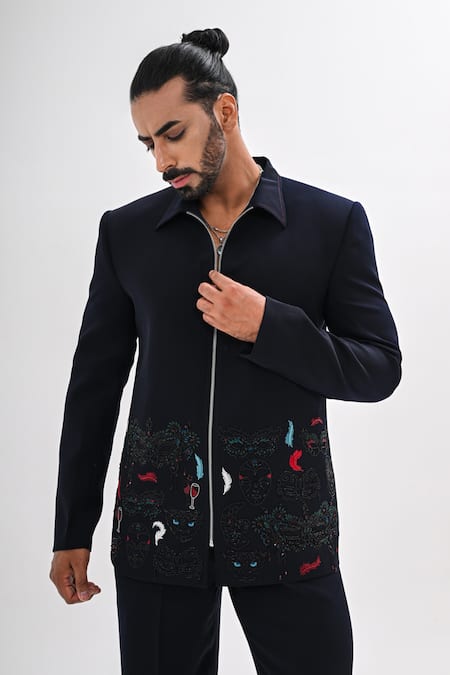 Kalpana Naik_Navy Crepe Embroidery Carnival Masque Jacket And Trouser Set _at_Aza_Fashions