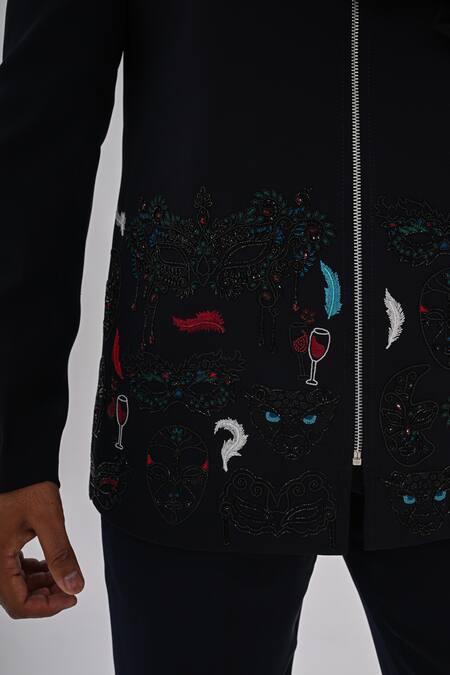 Buy_Kalpana Naik_Navy Crepe Embroidery Carnival Masque Jacket And Trouser Set 