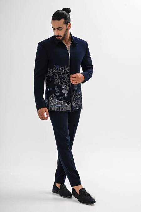 Kalpana Naik_Navy Crepe Embroidery Citadel Of Athens Jacket And Trouser Set _Online_at_Aza_Fashions