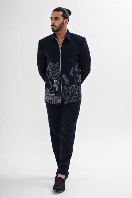 Buy_Kalpana Naik_Navy Crepe Embroidery Citadel Of Athens Jacket And Trouser Set _Online_at_Aza_Fashions