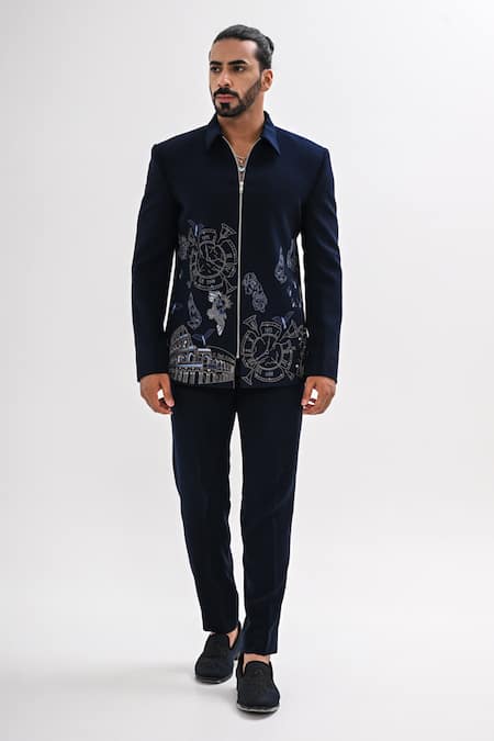 Shop_Kalpana Naik_Navy Crepe Embroidery Citadel Of Athens Jacket And Trouser Set _Online_at_Aza_Fashions