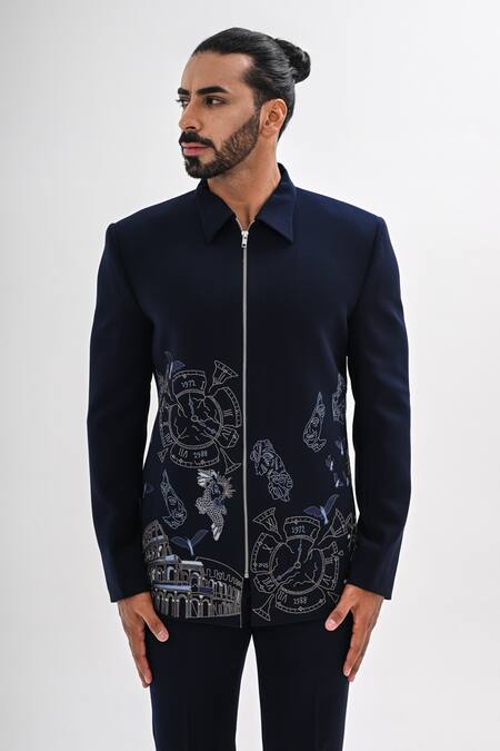 Kalpana Naik_Navy Crepe Embroidery Citadel Of Athens Jacket And Trouser Set _at_Aza_Fashions