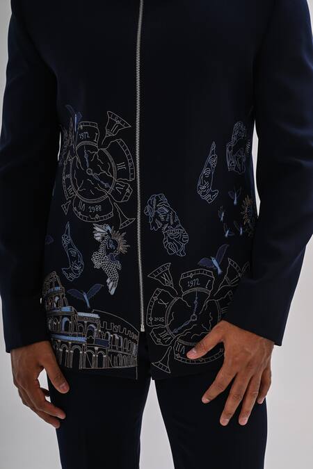 Buy_Kalpana Naik_Navy Crepe Embroidery Citadel Of Athens Jacket And Trouser Set 