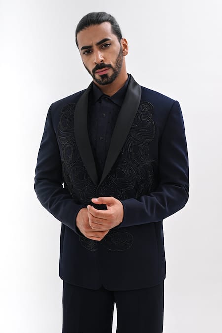 Kalpana Naik Navy Embroidery Midnight Blue Hand Tuxedo Set Online at Aza Fashions Kalpana Naik_Navy Embroidery Midnight Blue Hand Tuxedo Set _Online_at_Aza_Fashions