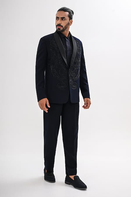 Kalpana Naik Navy Embroidery Midnight Blue Hand Tuxedo Set at Aza Fashions Kalpana Naik_Navy Embroidery Midnight Blue Hand Tuxedo Set _at_Aza_Fashions