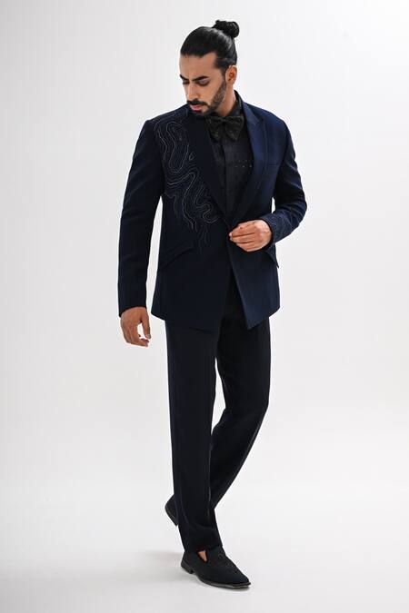Kalpana Naik_Navy Crepe Embroidery, Beads Waves Hand Tuxedo Set _Online_at_Aza_Fashions