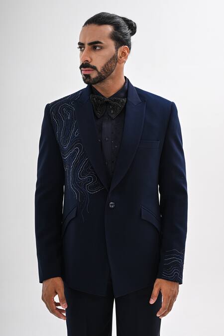 Buy_Kalpana Naik_Navy Crepe Embroidery, Beads Waves Hand Tuxedo Set _Online_at_Aza_Fashions